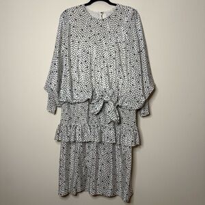 VTG KELLI KAYE Retro Mod Drop Waist Geometric Print Batwing Sleeve Ruffle Dress